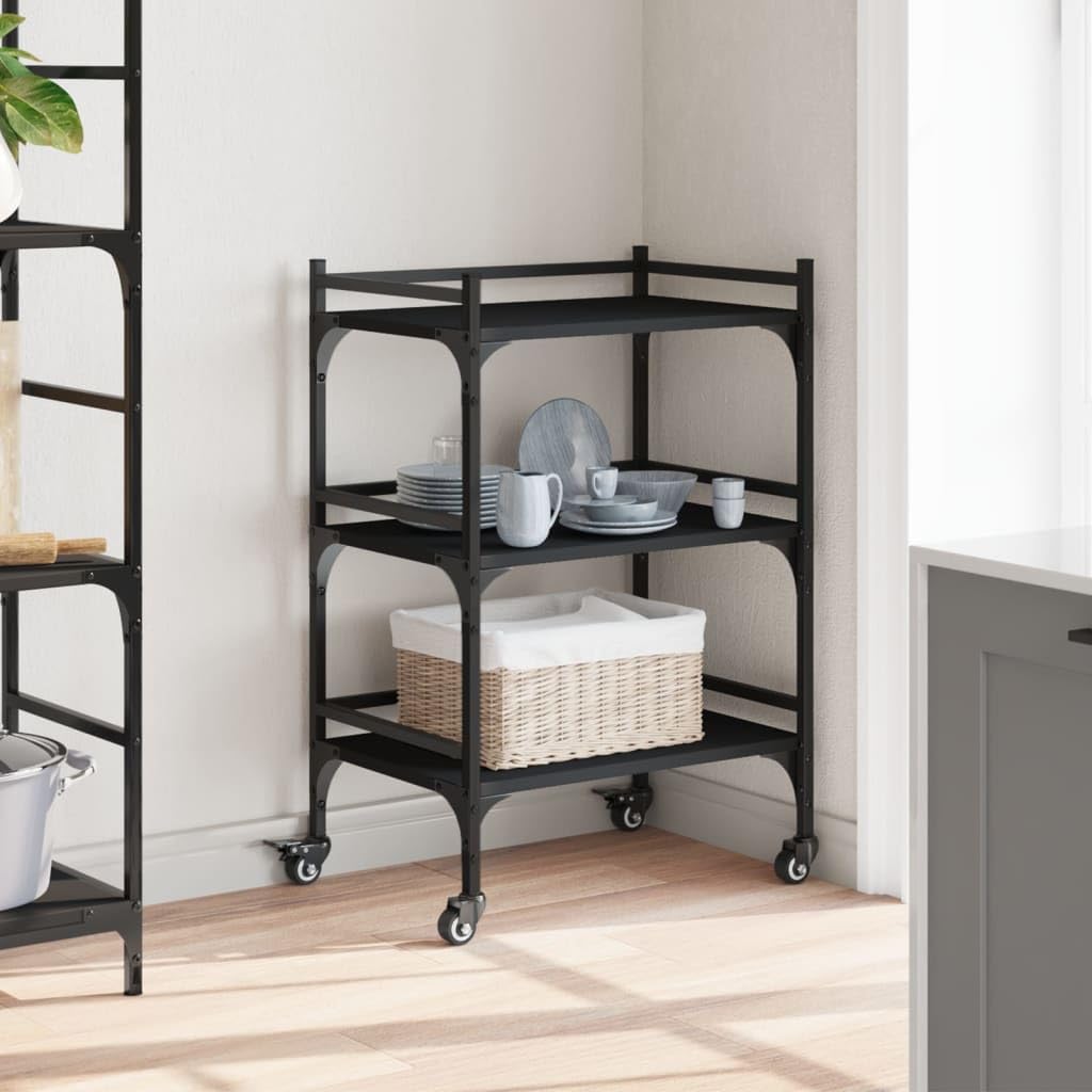Carro de cocina negro de madera y acero, 50 x 35 x 75,5 cm, con 4 ruedas, 2 frenos, carro de servicio para cocina, comedor, espacio de almacenamiento y orden