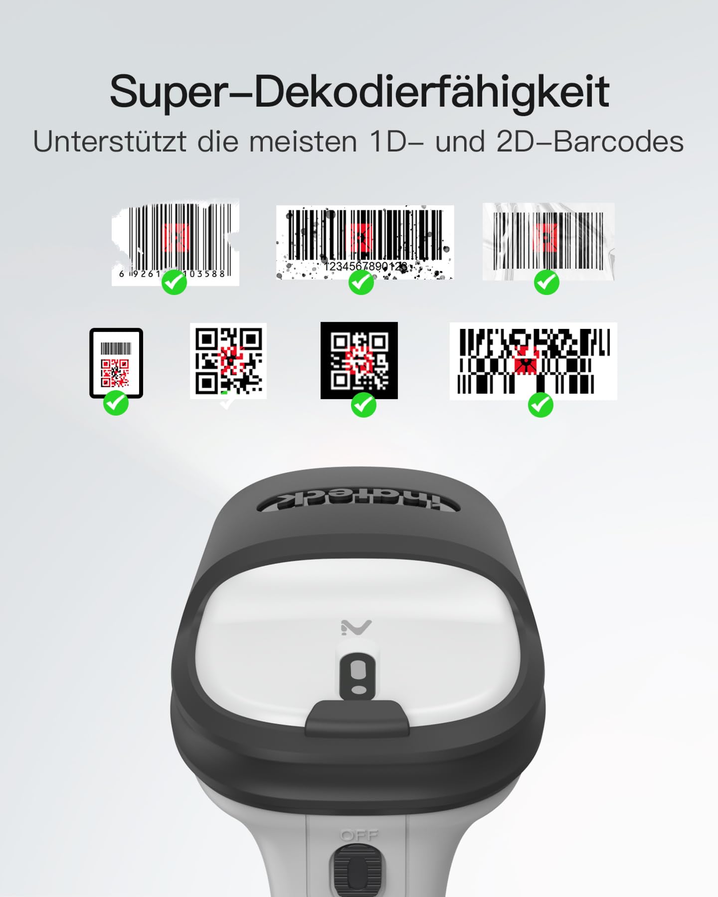 Inateck BCST-72 2D Bluetooth Barcode Scanner Kabelloser QR Code Scanner Wireless Handscanner mit AI APP SDK 180 Tage Standby