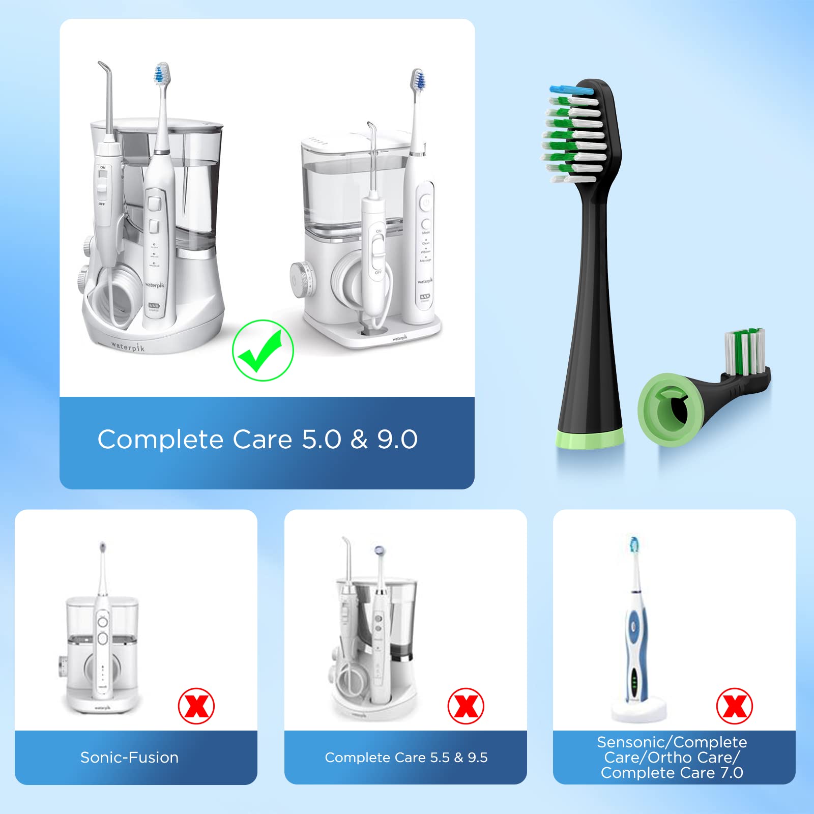 Cabezales de repuesto para Waterpik Complete Care 5.0/9.0 (CC-01/WP-862), 4 unidades, negro, 02 | Cerdas recordatorias, cerdas redondeadas finales, eliminación de placa