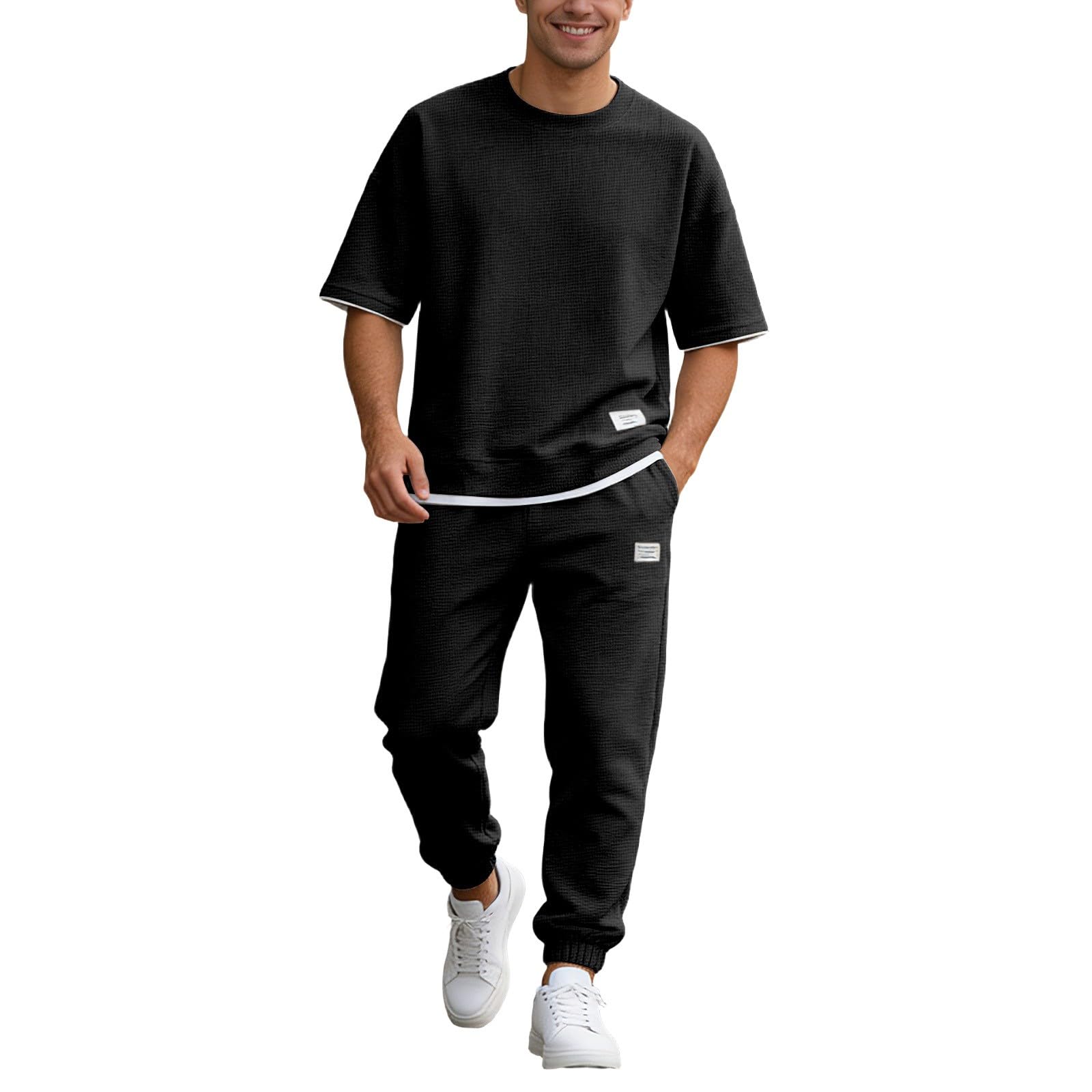 Traje Casual Hombre 2 Piezas Camiseta Oversize de Punto Waffle Pantalones Largos Jogger Cómodos Conjunto de Verano para Hombre Moderno — view 8