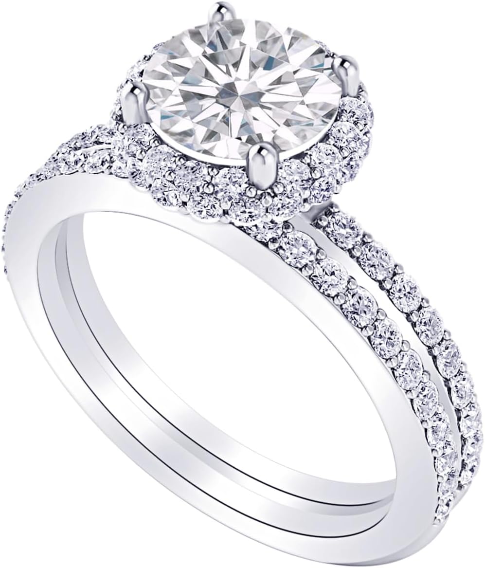 1-8 Carat (ctw) White Gold Round Cut LAB GROWN Diamond Halo Diamond Engagement Wedding Bridal Set (Color E-F Clarity VS2-SI1)
