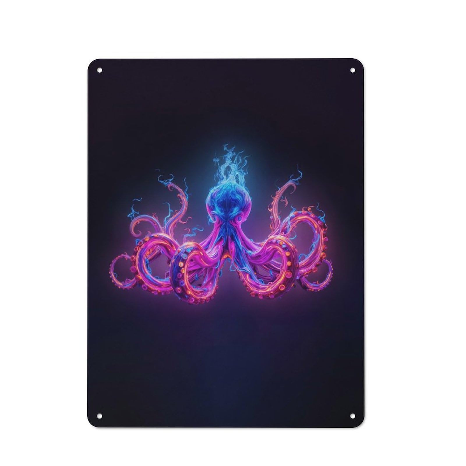 Cafe Style Decorative Metal Plaque 40x30cm Featuring Neon Octopus on Dark Background, Bistro Wall Plaque for Tea Room, Shop Wall Or Breakfast Area