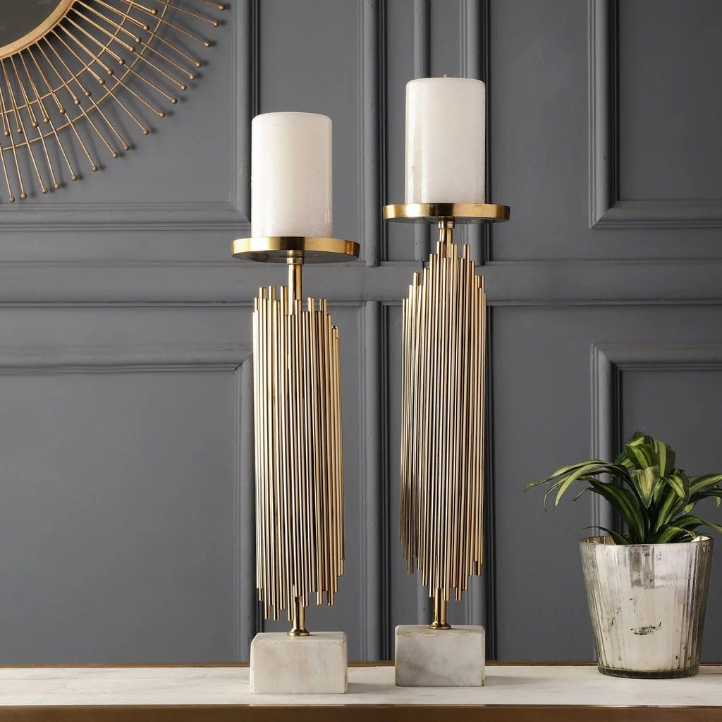 ZOVE Luxury Gold Metal Candle Holder Stand Set with Marble Base – Modern Pillar Candle Stand for Home Decor, Living Room & Dining Table (Set of 2)-image-33
