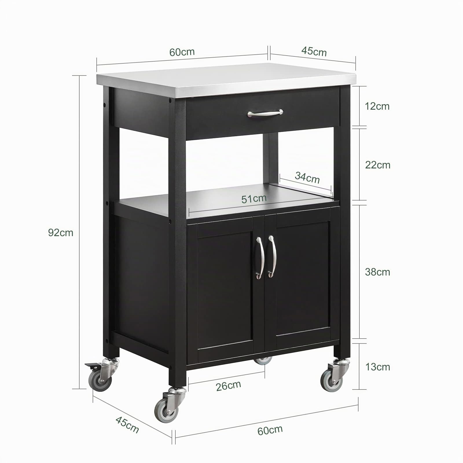 SoBuy Carrello cucina salvaspazio con piano di lavoro – Mobile cucina con ruote, ideale come mobiletto cucina, credenza compatta o mobile microonde – Disponibile in Nero 60x92x45cm FKW22-SCH