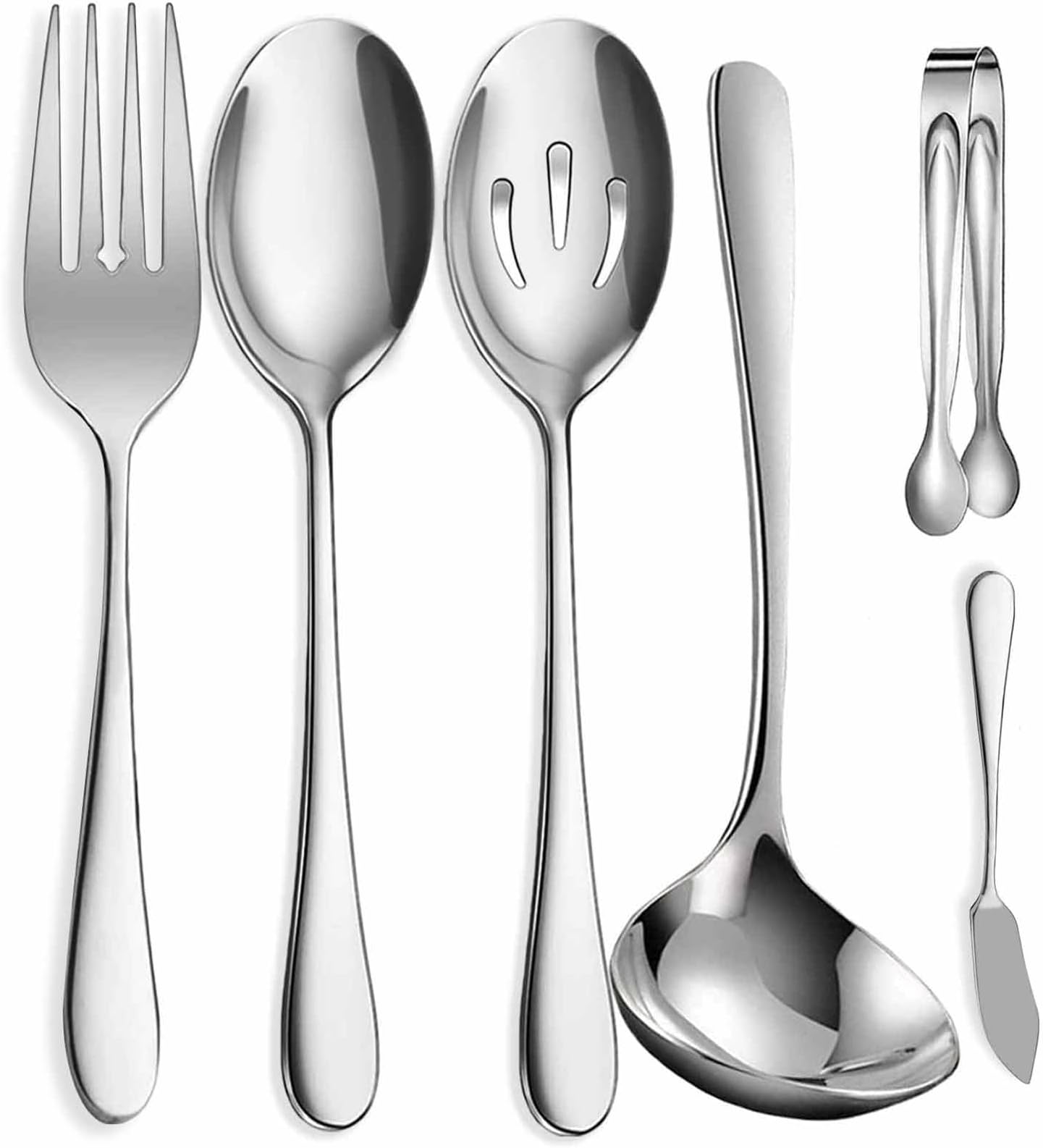 6 PCS Stainless Steel Serving Utensils Set Large Spoons Forks Ice Tongs Cake Finisher Soup Ladle for Buffet Catering Party Silver