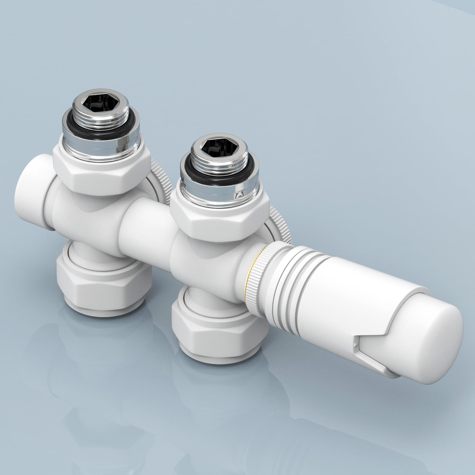 EMKE Multiblock Set für Heizkörper mit Thermostat, Hahnblock Eck und Durchgangsform Ventilhahnblock Mittelanschluss Heizkörperventil mit 50 mm Nabenabstand (φ15mm+16mm Weiß)