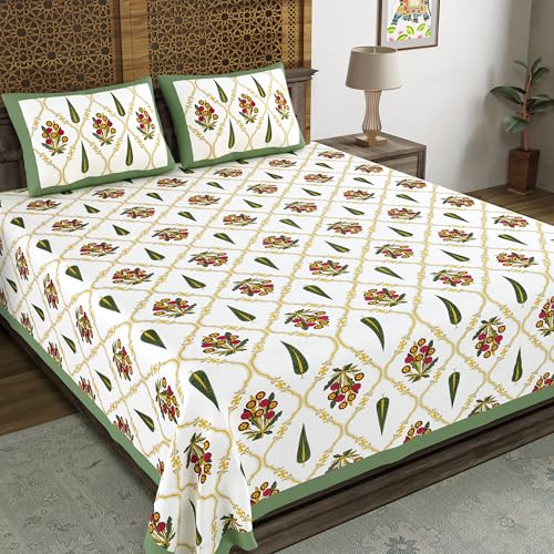 Image of BLOCKS OF INDIA Hand Block Printed 200 TC Cotton King Size Bedsheet | Green Patti