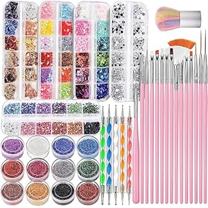 Nail Art Kit, Nail Design Tools Kit with Nail Art Brushes, Nail Dotting Tools,Fine Glitter,Nail Butterfly, Nail Heart Glitter Sequins, Nail Foil Flakes, Nail Art Rhinestones, Nail Dust Brush