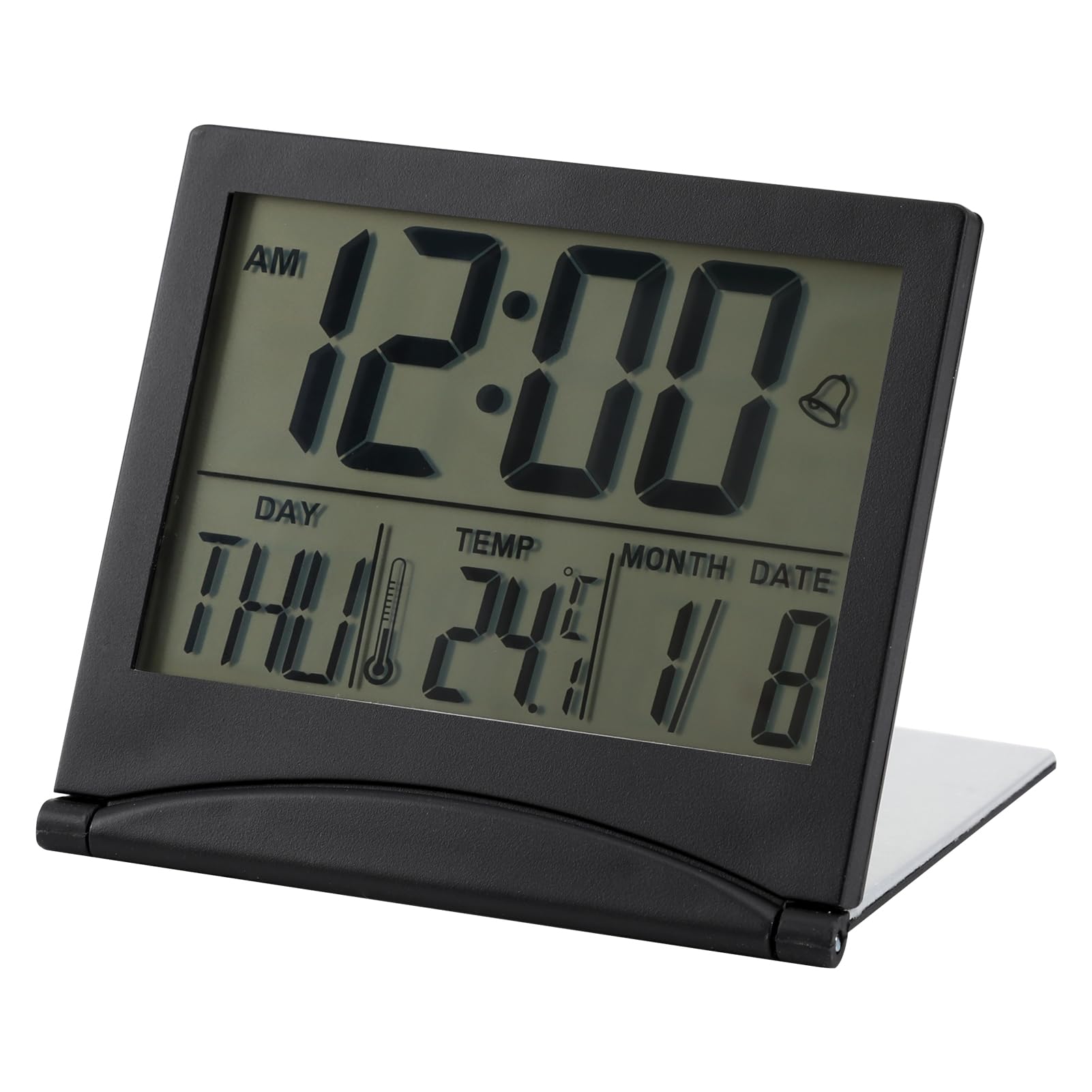 Runquit Digital Travel Alarm Clock, Small Foldable Dementia Clock with Days Dates, Time Of Day, Temperature, Big LCD Flip Desk Clock Battery Operated For Bedroom Kitchen Office Travel Black