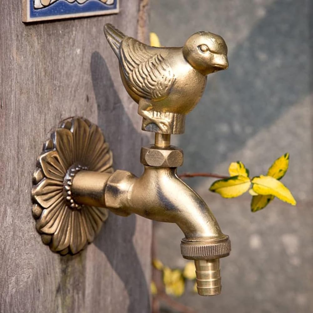 Grifo de latón vintage para jardín, diseño de gorrión de jardín, para manguera de exterior, grifo de agua fría para manguera de jardín