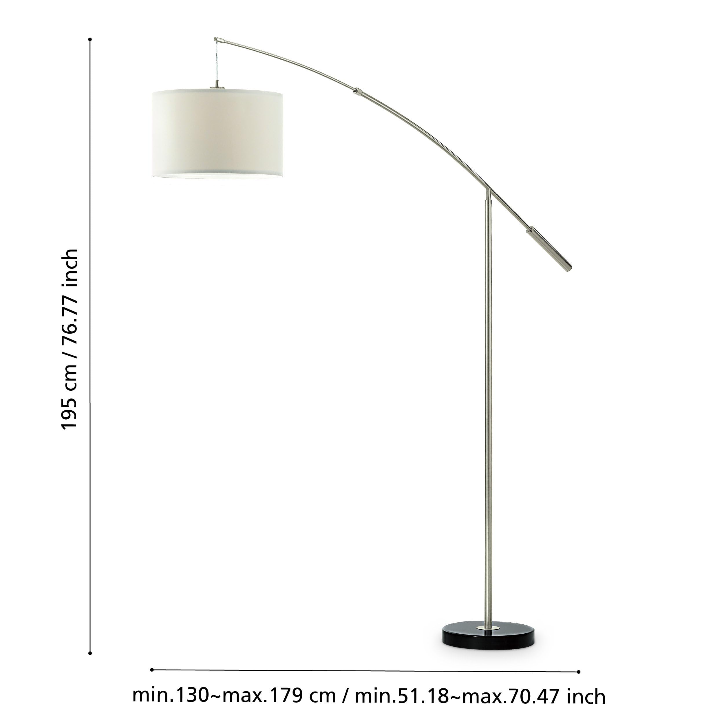 EGLO Lampa podłogowa Nadina, lampa stojąca z metalu i tkaniny | lampa łukowa w kolorze niklu matowego i białym, oświetlenie do salonu, lampa z przełącznikiem nożnym, abażur z tkaniny z E27