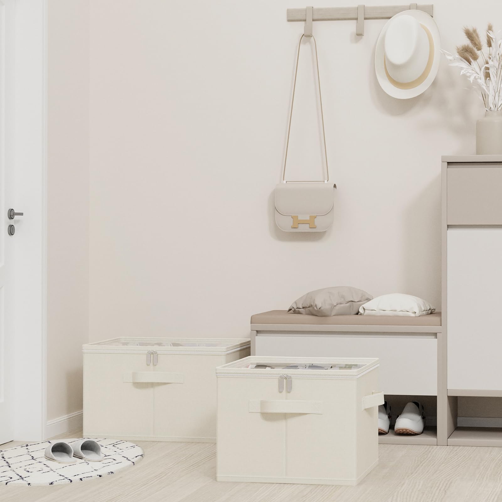 Pudełka na buty, organizer do szafy z przezroczystą pokrywą, składany stojak na buty z 3 uchwytami, pasuje do 6-12 par, 43 x 43 x 33 cm, beżowy, XSNX01BEM-1
