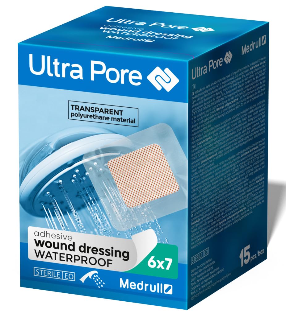 Medrull 100% Wasserfestes Wundpflaster ULTRA PORE 6x7 cm 75 Stück Wasserfestes Pflaster - Steril, Transparent, Ideal zum Duschen, Sport, Baden