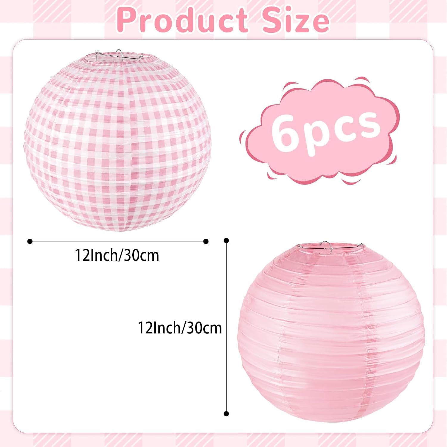 6PCS Pink Gingham Party Decoration Pink Paper Lanterns Pink and White Checkered Plaid Hanging Lanterns for Wedding Birthday Party Valentine's Day Engagement Picnic Baby Showers Supplies(12Inch)