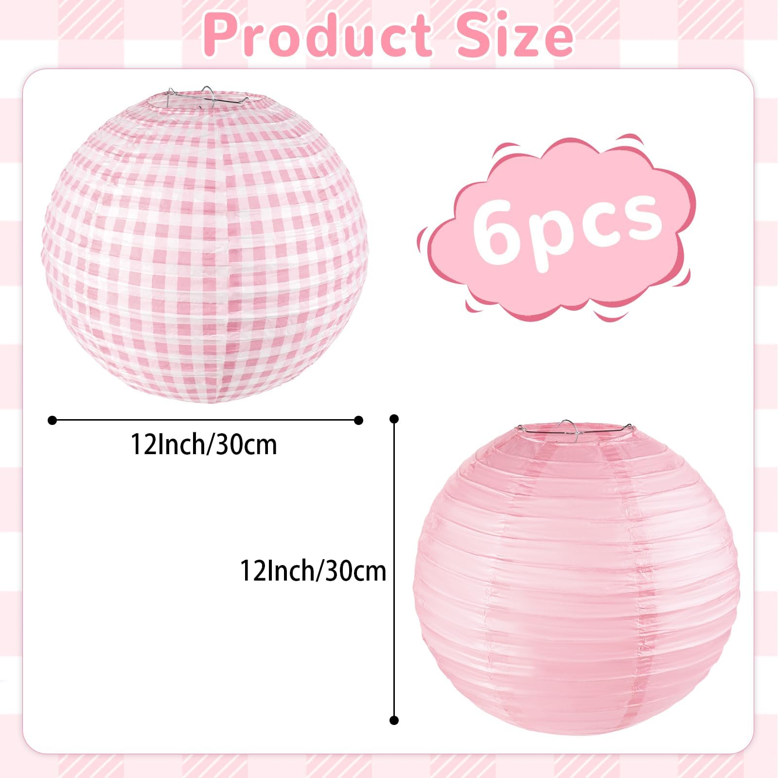 6PCS Pink Gingham Party Decoration Pink Paper Lanterns Pink and White Checkered Plaid Hanging Lanterns for Wedding Birthday Party Valentine's Day Engagement Picnic Baby Showers Supplies(12Inch)