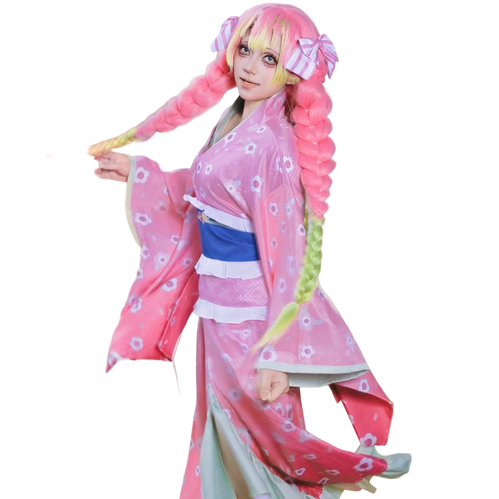 CR ROLECOS Mitsuri Kanroji Cosplay Costume Mitsuri Cosplay Kimono Outfit Kanroji Maid Dress Uniform XXL, Kanroji Mitsuri Kimono