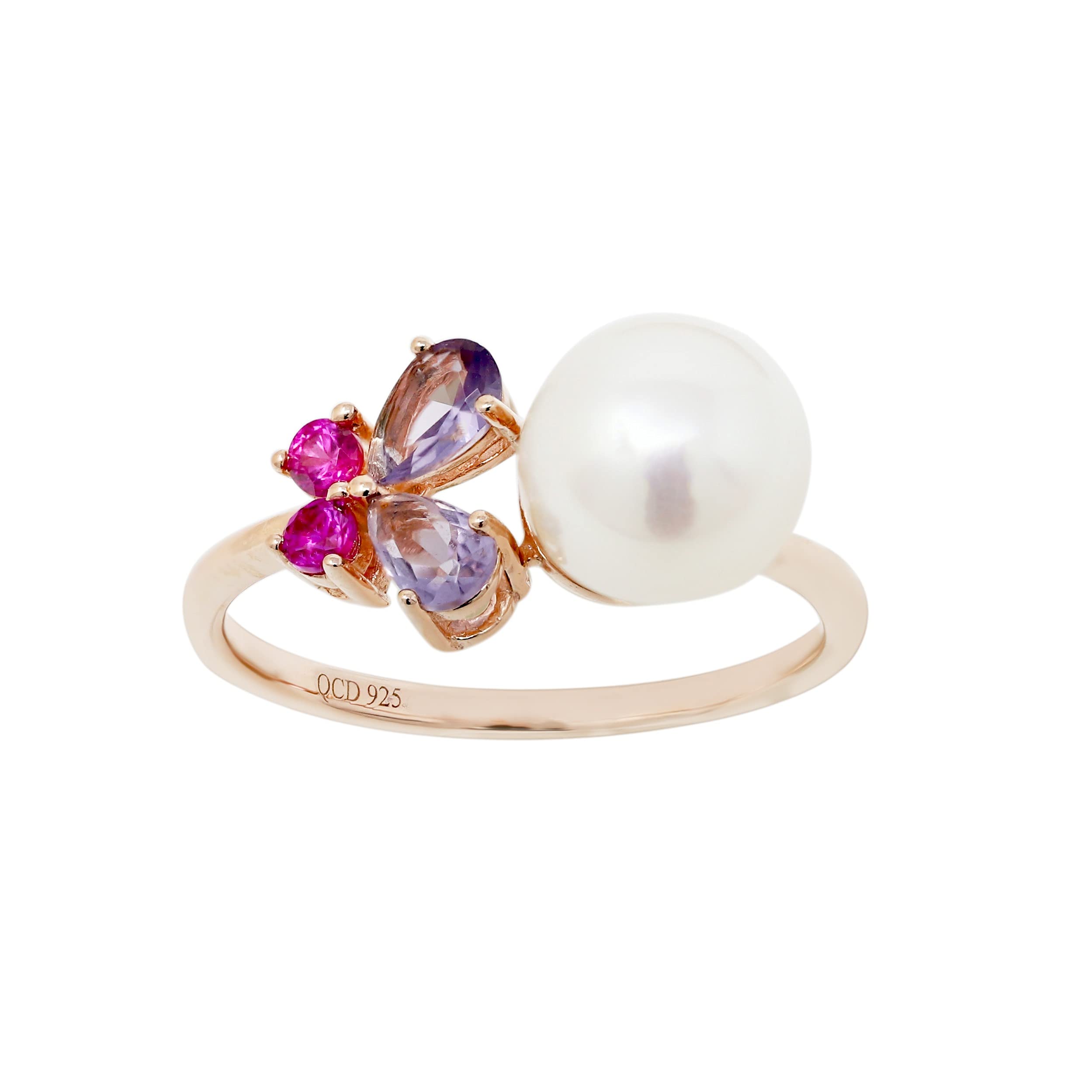 ORO LEONI Designer 925 Sterling Silver Rose Gold Plated With 8.5mm Freshwater Cultured Pearl and Multi CZ Butterfly Ring , Size 7