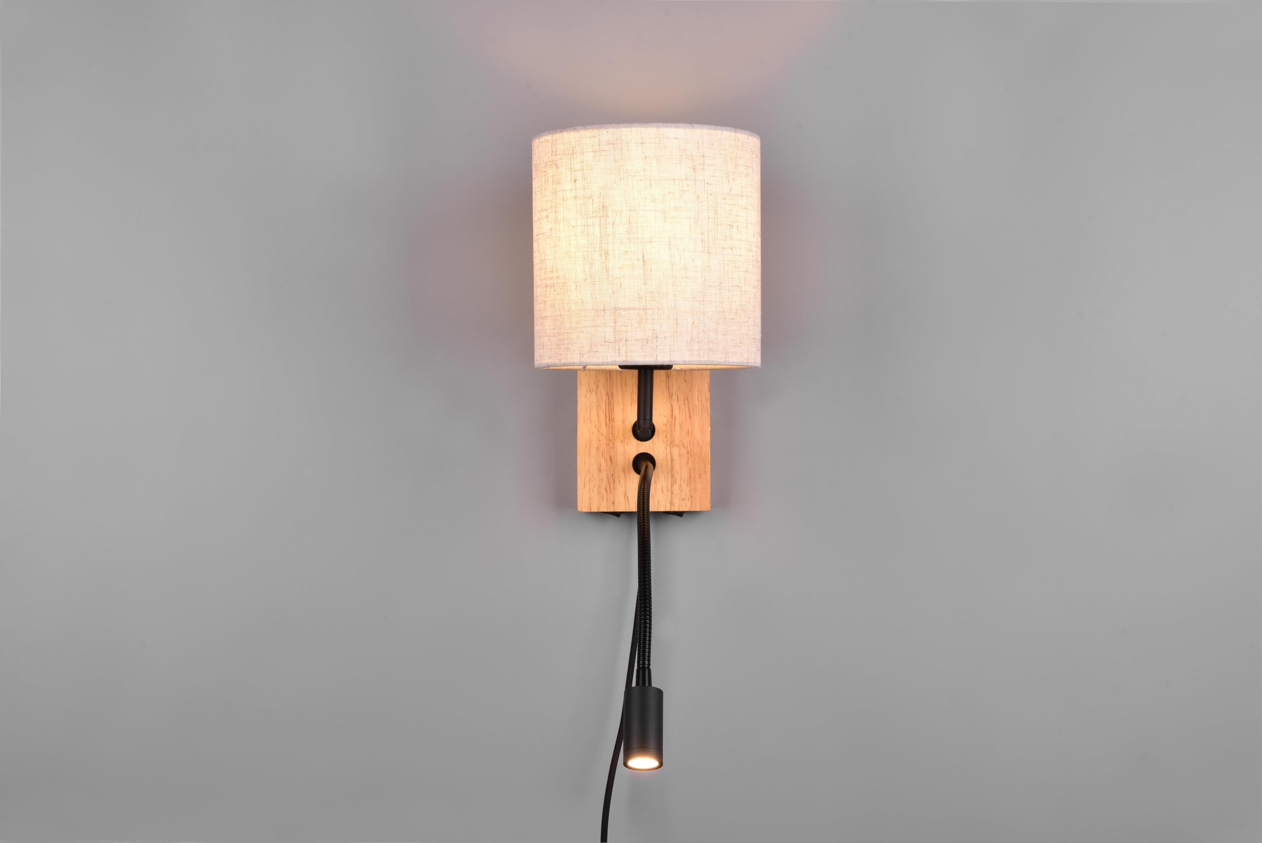 Trio Leuchten Wandleuchte Nilam 212879236, Holz naturbelassen, Schirm Stoff, exkl. 1x E27, Lesearm inkl. 3.1 Watt LED, Flex Connect, Weiß