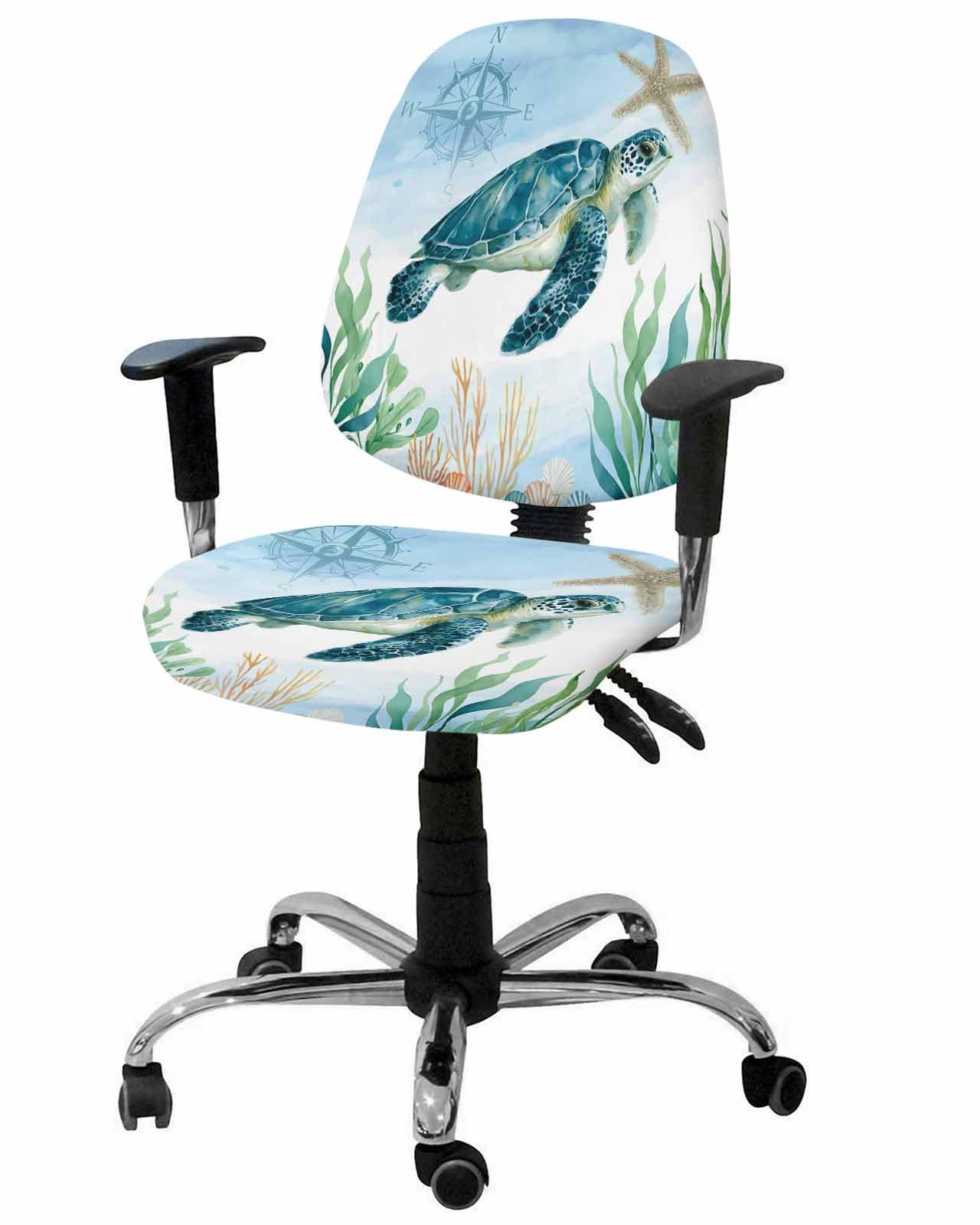 Coastal Turtle 2 Pieces Computer Office Chair Covers Set,Stretchable Desk Rotating Chair Seat Cushion Slipcover Back Covers,Beach Nautical Coral Starfish Shells Slipcover Back Cover,Protectors Cover