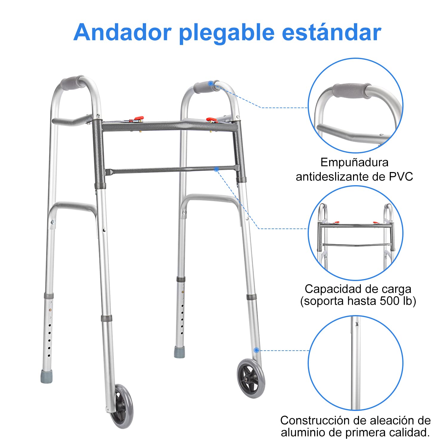 suplegear Andador Estándar Plegable, Dos Botones Caminante Plegable de Aleación de Aluminio Ajustable con Ruedas de 13 cm para Personas Mayores Discapacitados Lesionados, Soporte hasta 226.8 kg