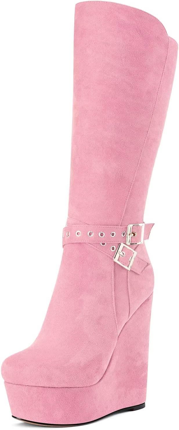 HEUIVZAR Women Platform Wedge High Heel Round Toe Mid Calf Boots Zipper Party Dress 5.9 Inches Heels