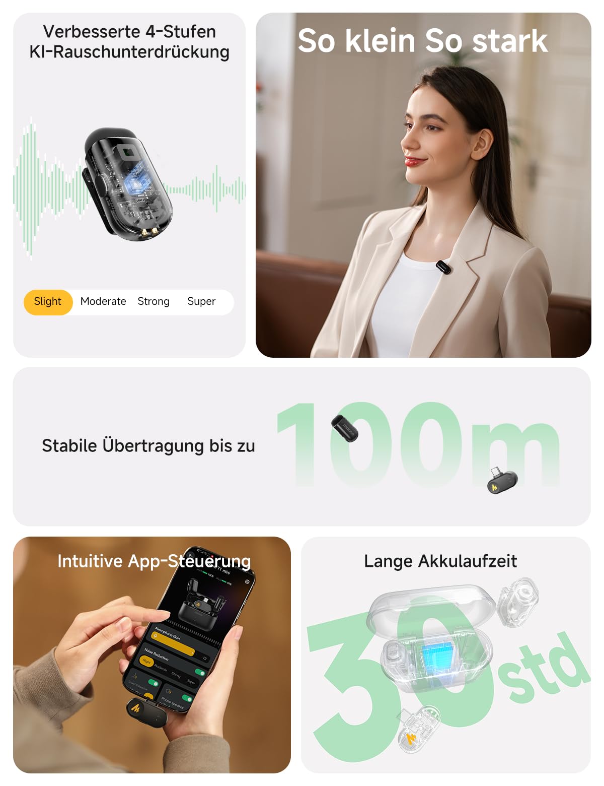 MAONO Kabelloses Handy Mikrofon - USB-C Wireless Mini Mikrofon für iPhone 17/16/15 Android, 4 Level Rauschunterdrückung, KI Stimmenwechsel, 30h Laufzeit, Mic für Vlog, YouTube, Aufnahmen, Wave T1 Mini