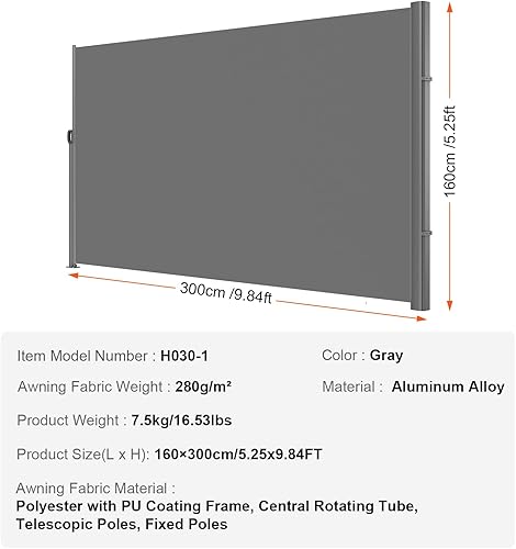 Miniatura 7 de VEVOR Toldo lateral retráctil, UV 50 63 x 118 pulgadas, pantalla de privacidad para exteriores, pantalla de privacidad para exteriores, 9.88 oz
