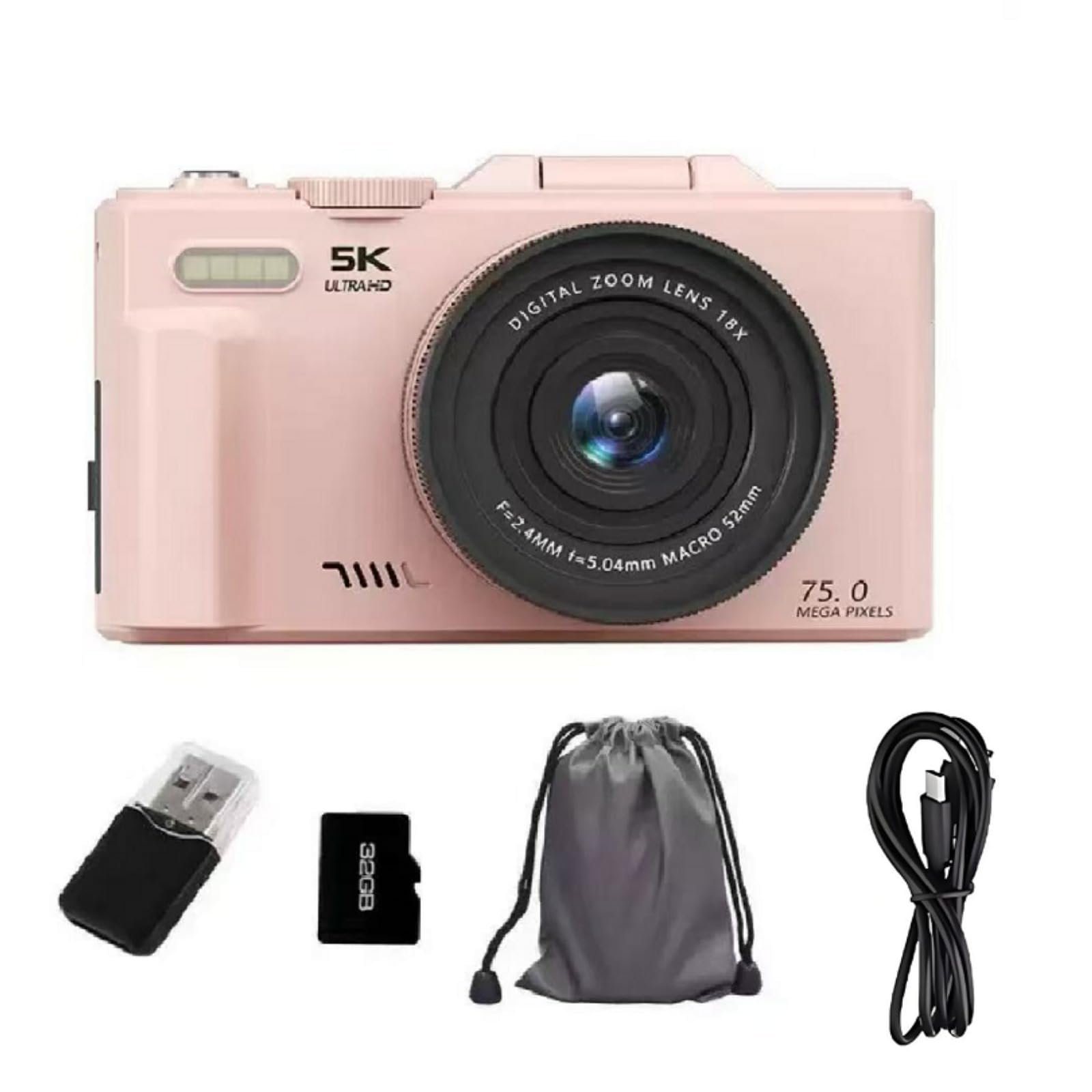 5K Digital Compact Camera Optinexo,Zoom 18x,Pantalla 180° Rotativa, Estilo Retro Vintage,32GB Tarjeta Memoria Incluida (Rosa)