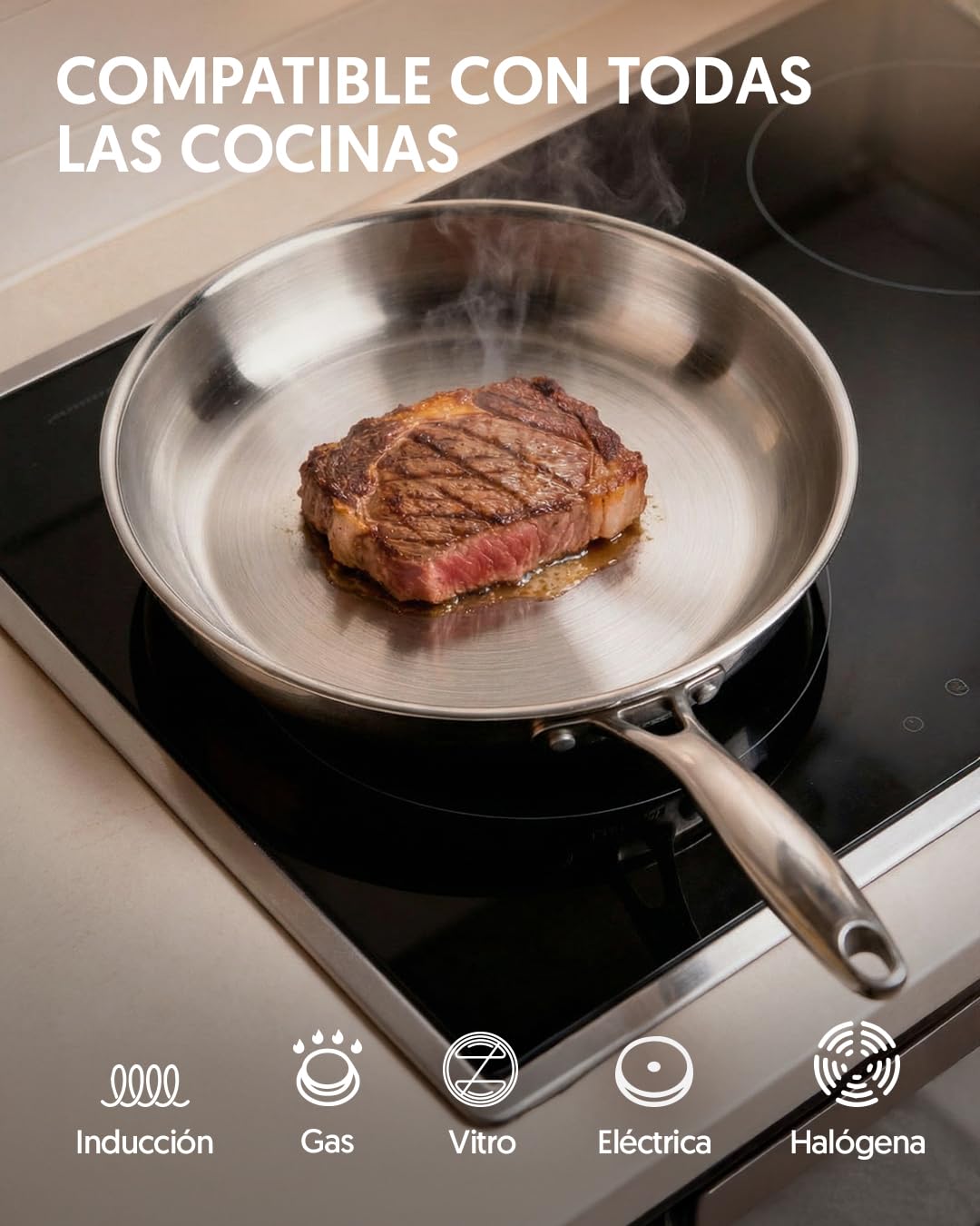 La Moustache - Batería de Cocina de Acero Inoxidable 10 Piezas con Tapas de Vidrio (Ø16/18/20/24/26 cm) - Juego de Ollas y Sartenes para Inducción, Sin Recubrimientos, Apta Lavavajillas (Titan Inox) - 4