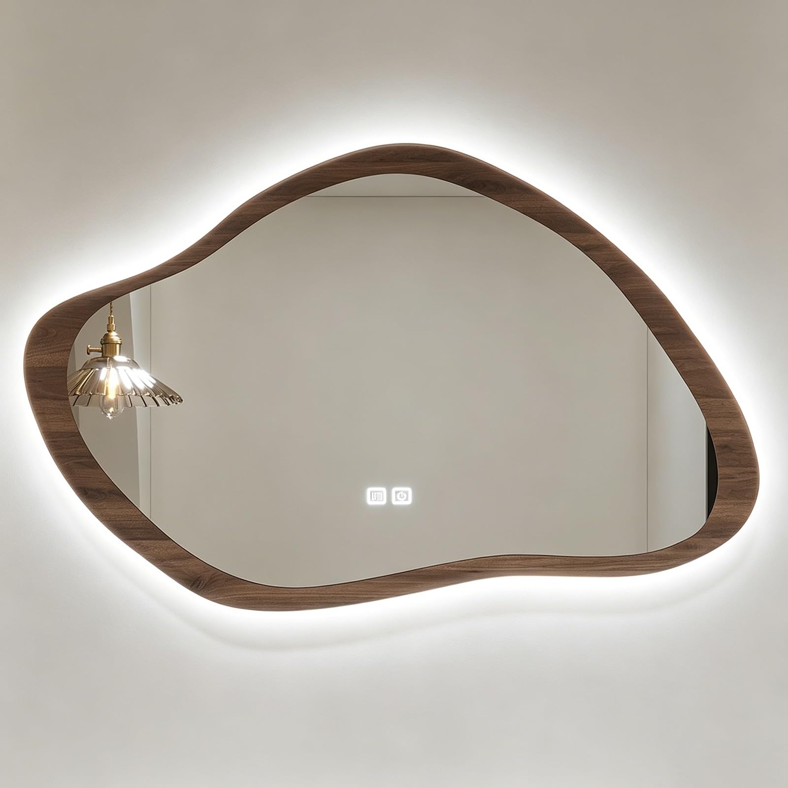 EYTVYUWPT Irregular LED Bathroom Mirror with 3 Color Lights, Anti‑Fog, Wood Frame(Walnut,60x90cm/23.6x35.4in)
