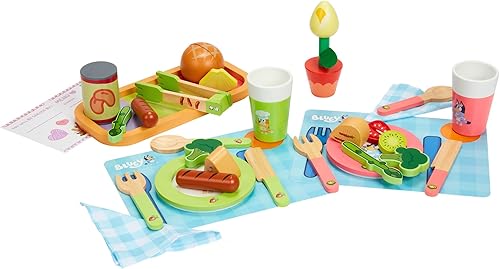 Miniatura 1 de Bluey - Cena con BLUEY Set, juego de juguetes de madera de 32 piezas con espárragos mágicos, platos, utensilios y más, perfecto para juegos de roles