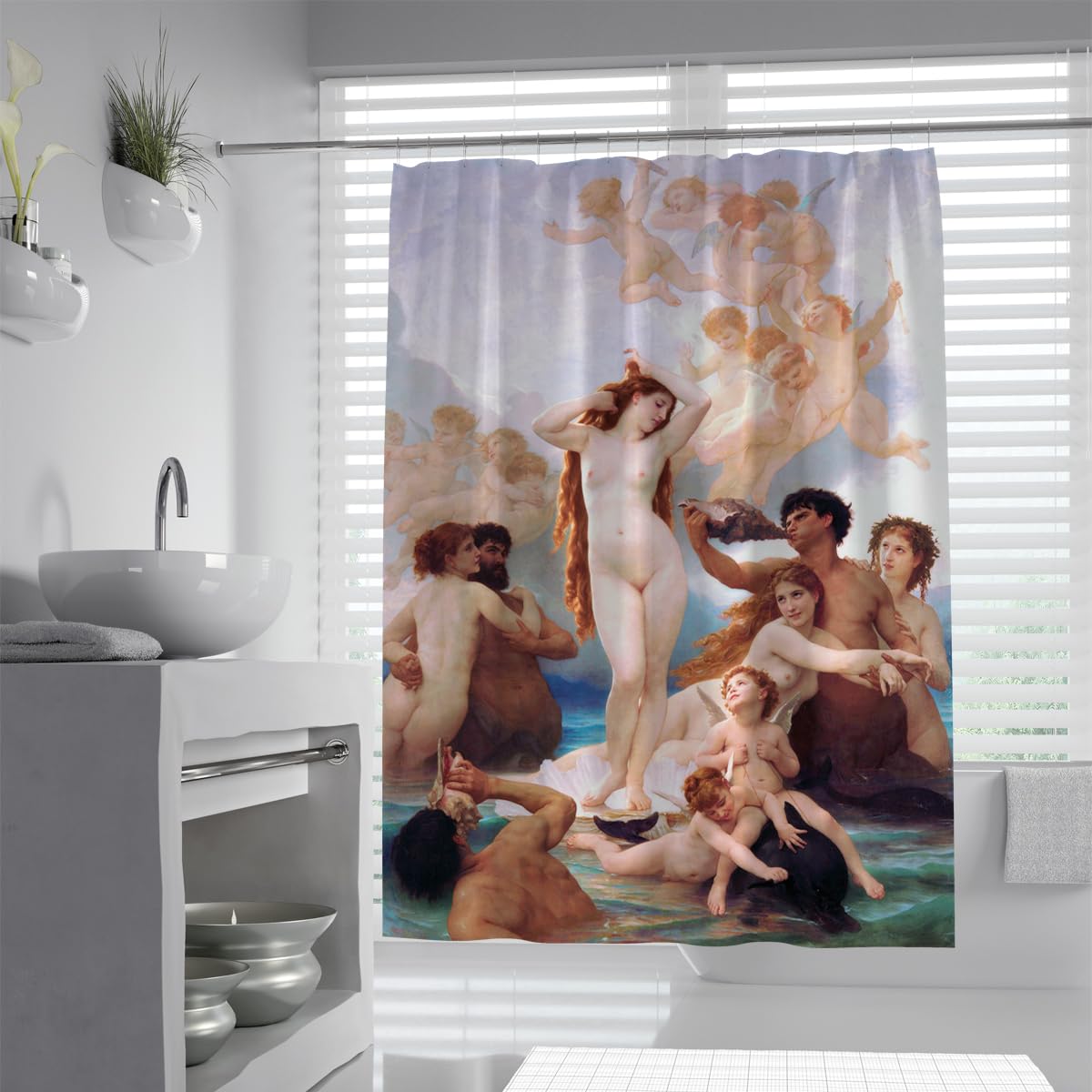 Die Geburt der Venus Duschvorhang Vintage-akademische Kunst Ölgemälde Stoff Badezimmerdekoration Wasserdichter mythologischer Stil Badevorhang 200 x 220 cm