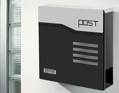 Buzón de acero con cerradura montado en la pared al aire libre en blanconegro, caja colgante grande con diseño de soporte de periódico, modelo MD24