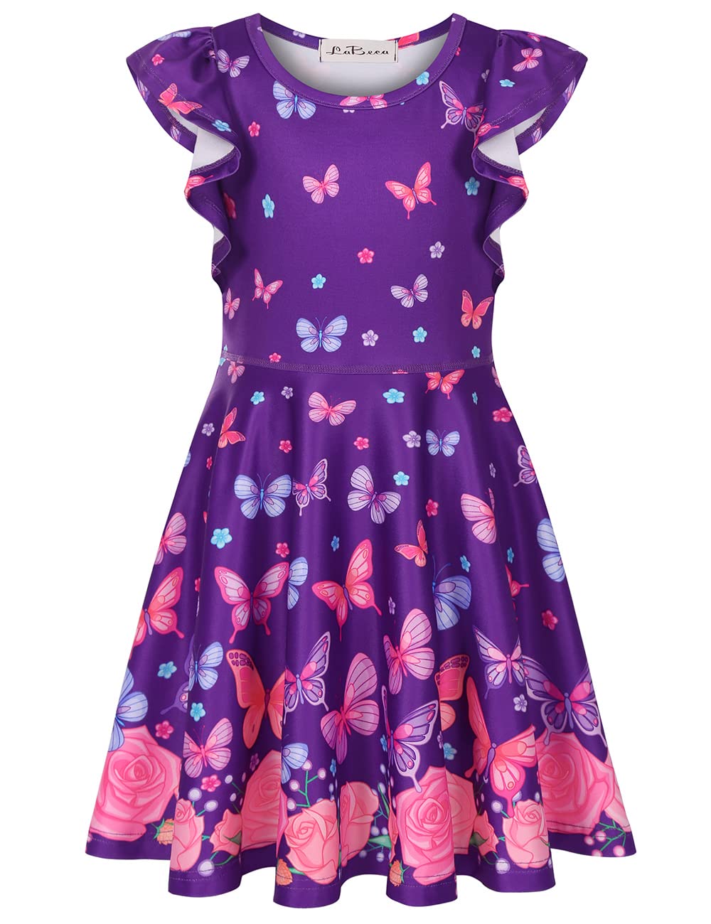 LaBeca Baby Girls Printed Casual Party Dresses Twirly Ruffle Sleeve Dress Butterfly Cap XS