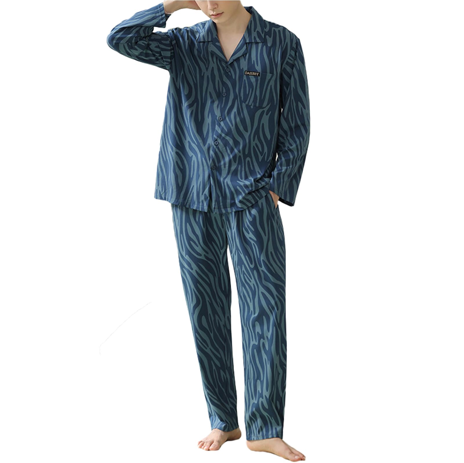 Pigiama Uomo Imposta Cotone 2 Pezzi Manica Lunga Pjs Set Pulsante Up Pigiameria