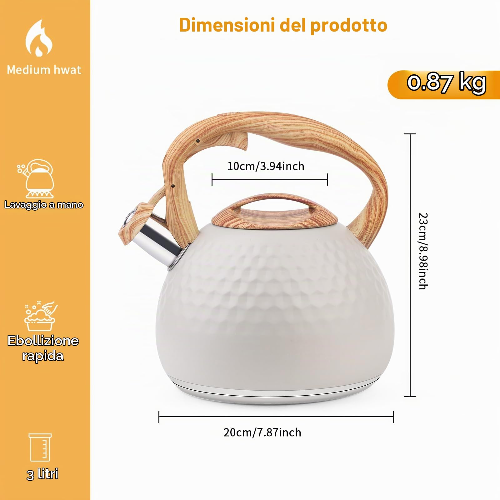 Bollitore moderno da 3 l, a induzione, in acciaio inox, per tutti i piani cottura, bollitore a fischio con manico in vena di legno, bollitore per tè caffè, beige