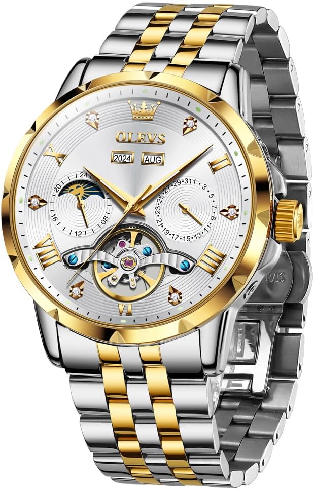 Men Automatic Watch Skeleton Mechanical Classic Luxury Business Diamond Stainless Steel Waterproof Luminous Date Calendar Wrist Watches for Men
