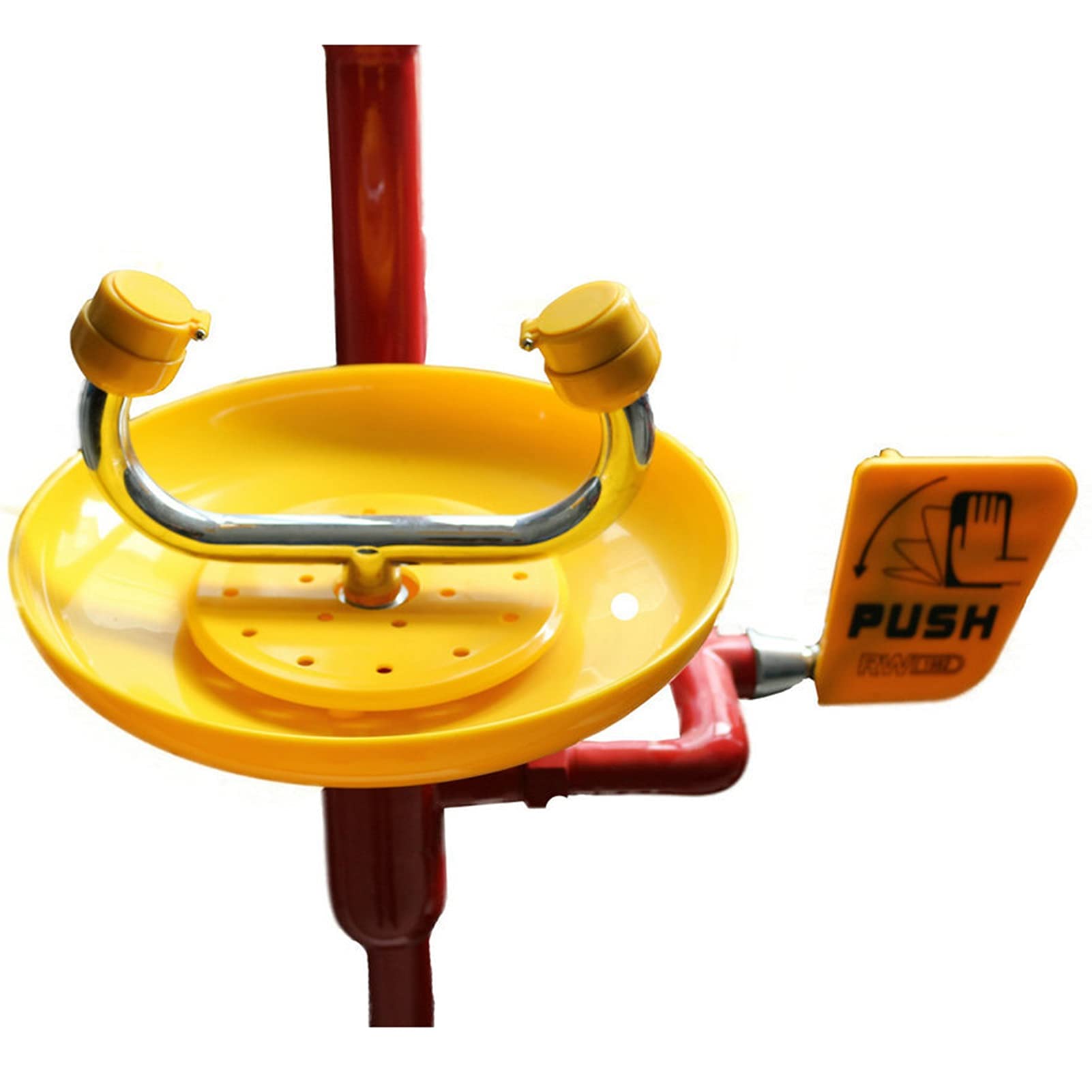 Estación de lavado de ojos de emergencia, ducha de acero inoxidable con cuenco para lavar ojos y tabla de empuje manual, montado en pedestal