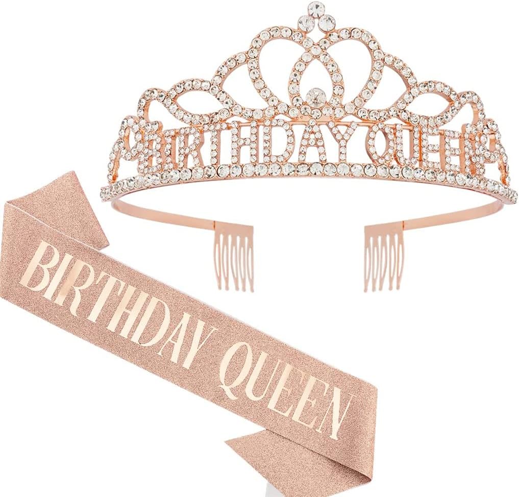 Birthday Crown and Sash for Women - Queen Tiara Headband With Rhinestones, Princess Crown, Happy Birthday Accessories - Rose Gold