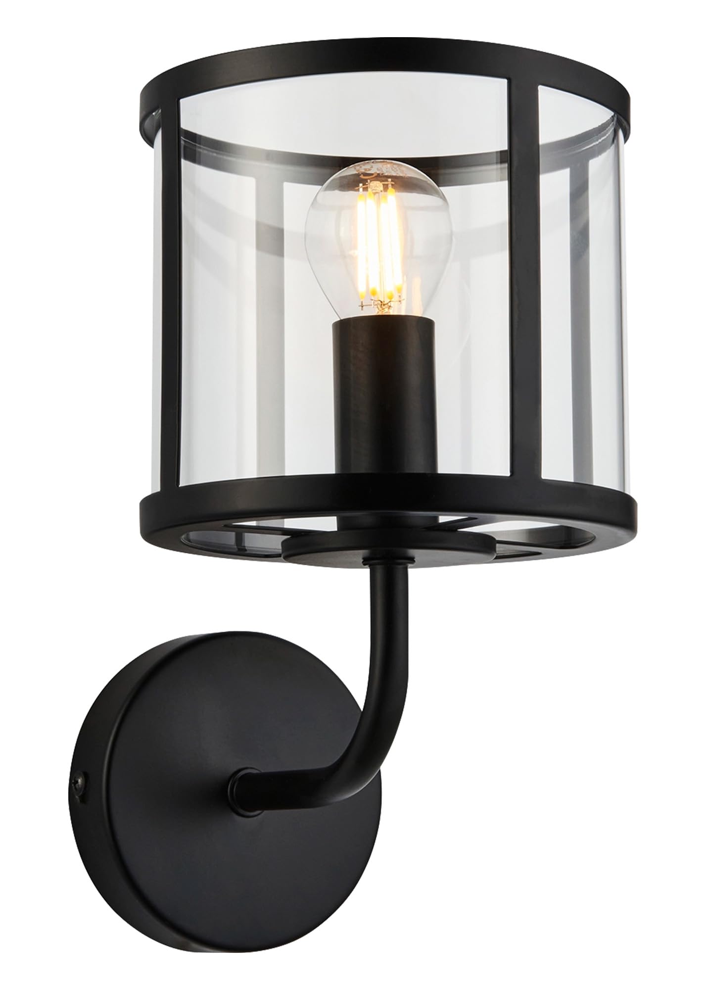 National Lighting Barrel Wall Light 250mm - Matt Black with Clear Glass Shade, Modern Indoor Wall Sconce for Bedroom, Hallway, Living Room - E14 LED Lamp Compatible, 7W IP20 Dimmable Light Fixture