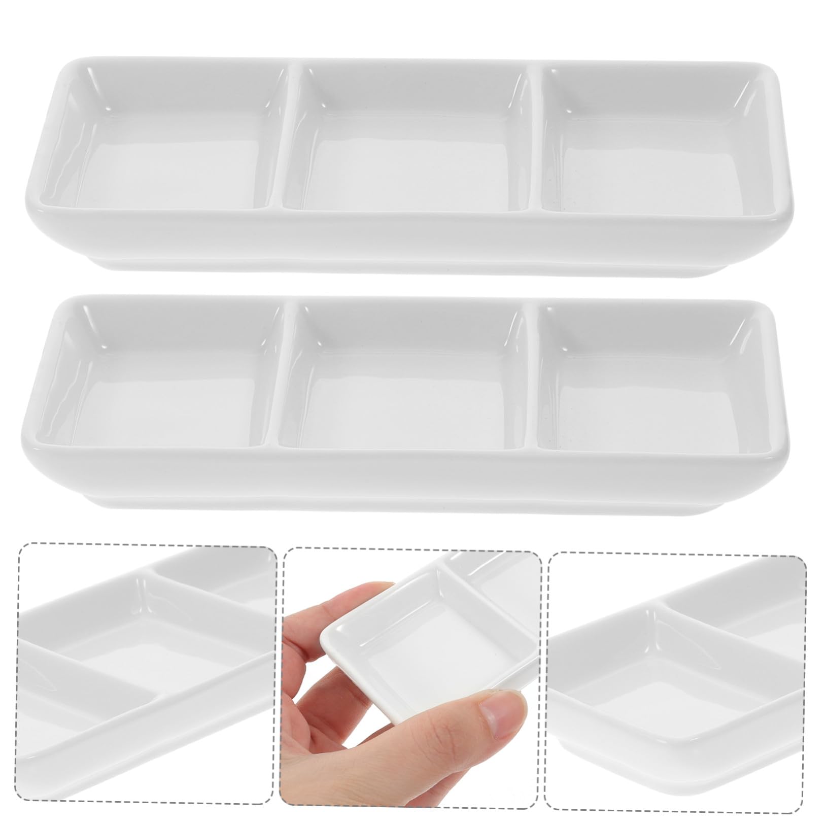 Set 5 Pezzi Piatti in Ceramica Bianca 3 Scomparti per Condimenti e Snack, Portatile per Catering e Tavola da Pranzo