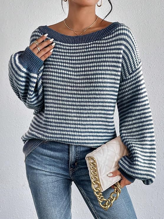 Women's Oversized Striped Sweater Casual Off The Shoulder Sweater Fall Long Sleeve Loose Knit Pullover Jumper Tops4