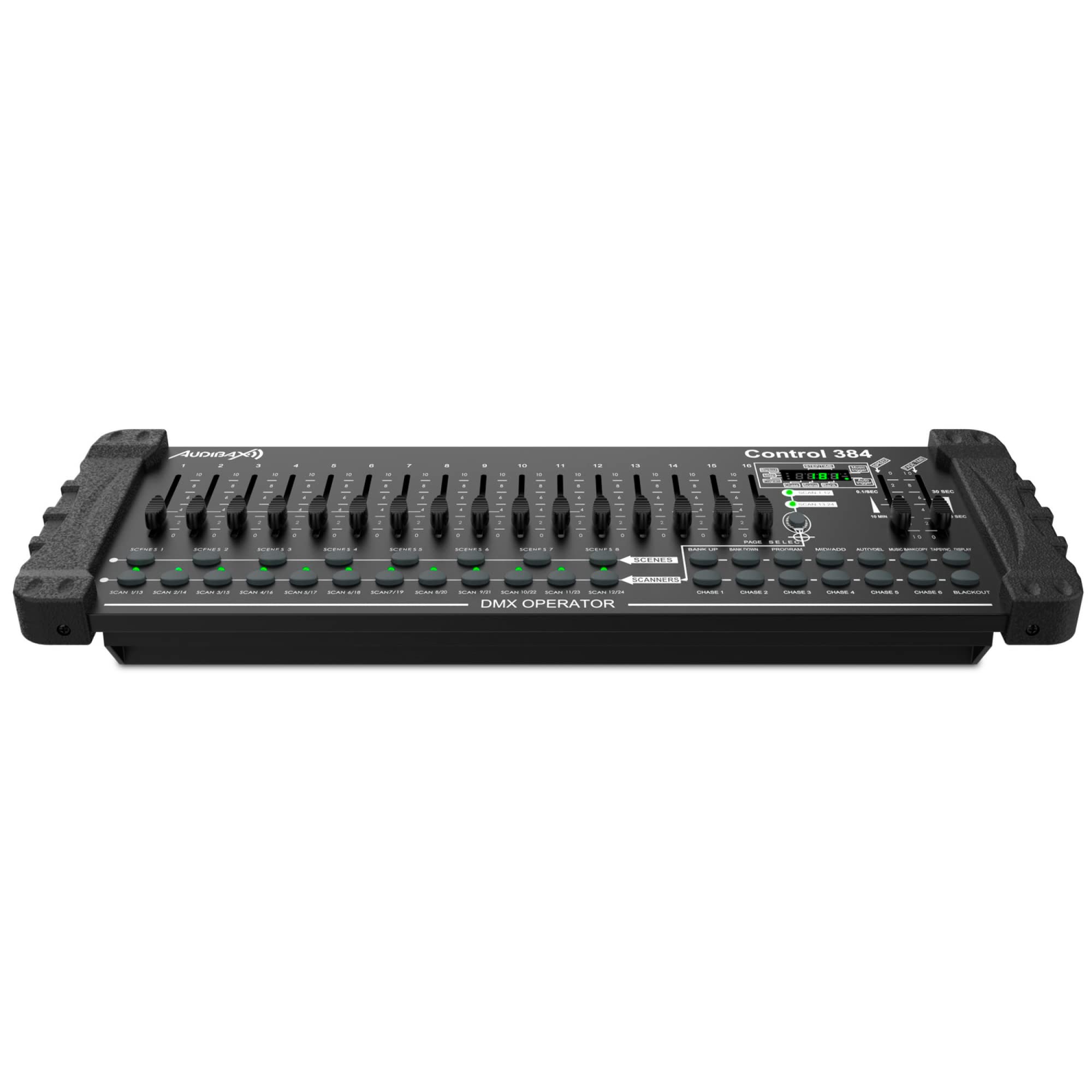 Audibax Control 384 - Controller DMX a 384 Canali - Controllo di 24 Apparecchi con 16 Canali DMX - Attivazione di Scene Tramite Suono, Manuale o Auto - Programmazione di Sequenze e Sequenze sui Fader