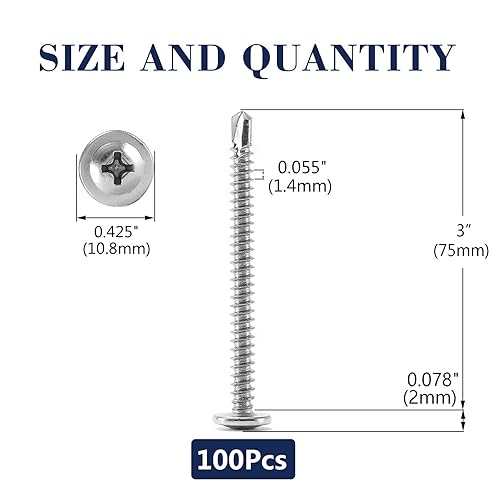 Miniatura 2 de Tornillos de chapa metálica #8 x 3 pulgadas, 100 tornillos de acero inoxidable 410 tornillos autorroscantes rápidos por SG TZH