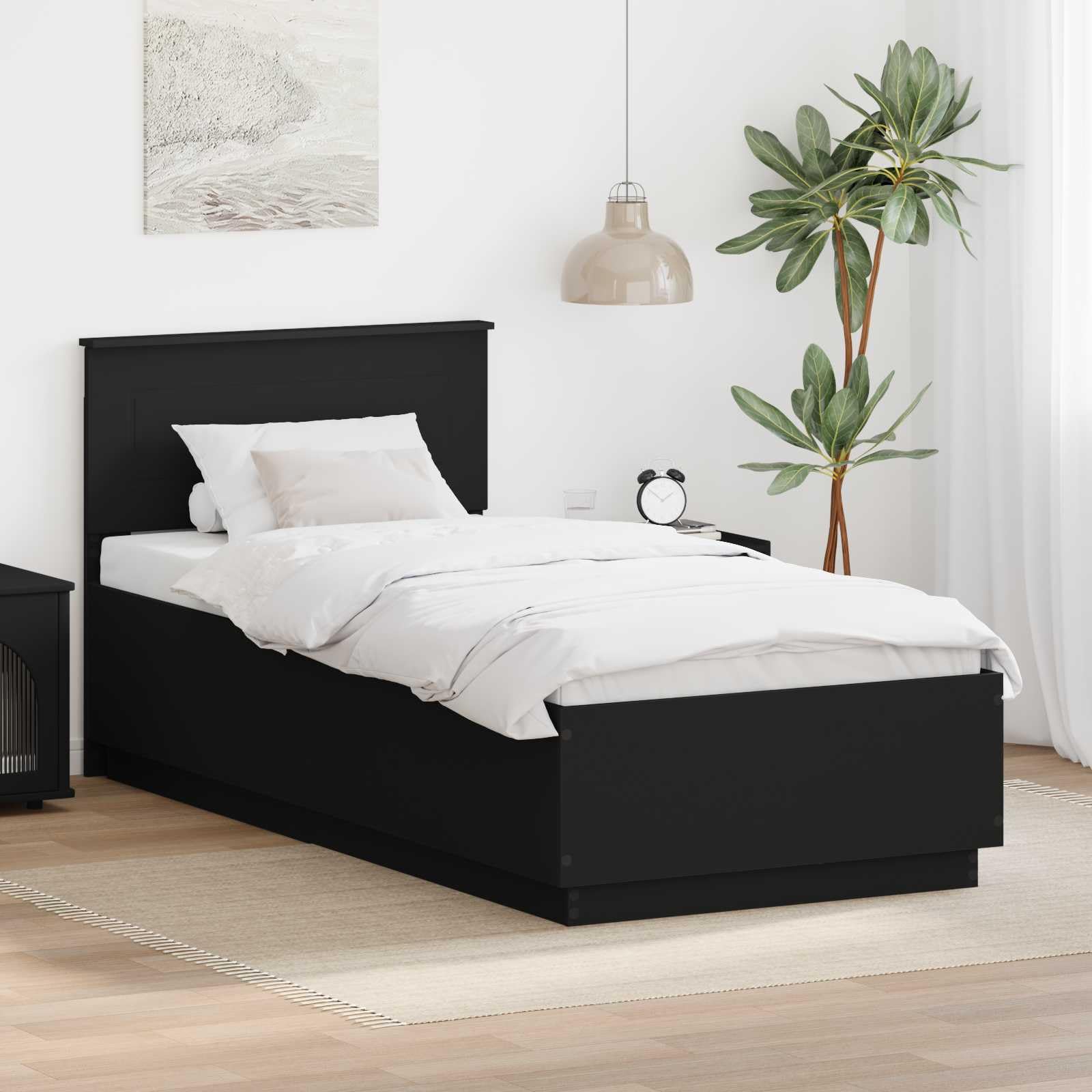 Telaio letto con testiera nera 100 x 200 cm, in legno regolabile, porta USB, montaggio a parete, per camera da letto e soggiorno moderno