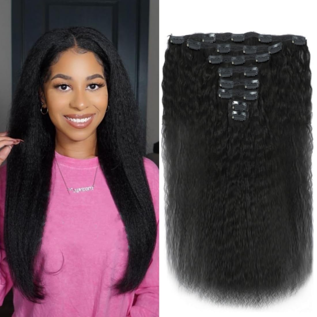 LUMIERE Kinky Straight Clip In Hair Extensions Real Human Hair For Black Women Yaki Straight Clip Ins Brazilian Remy Hair Extensions 8Pcs With 20Clips Double Wefts Thick and Soft Natural Black 22 Inch