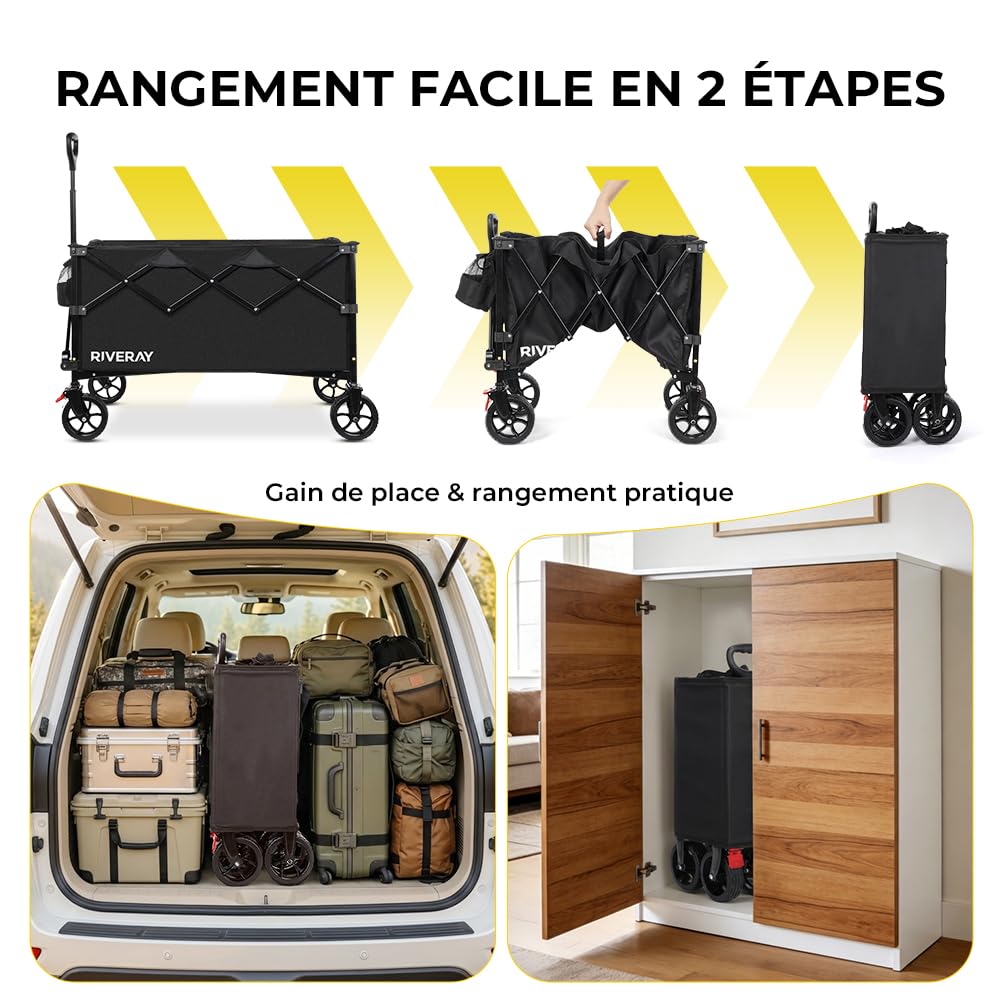 Chariot Pliable Tout Terrain 300L 230KG, Chariot de Plage à roulettes avec Freins, Toile Amovible, Grand Volume XXXL pour Camping, Jardin, Pêche, Transport, Pique-Nique