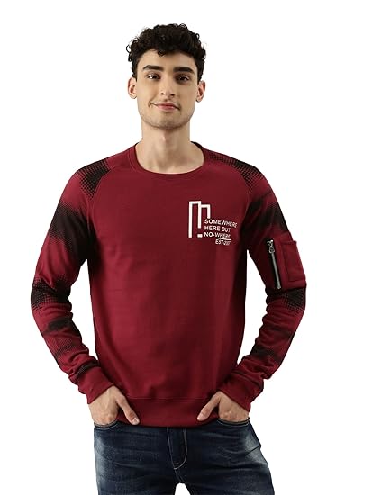 Printed Mens Full Sleeve Round Neck Maroon and Black Cotton Slim Fit Sweatshirt