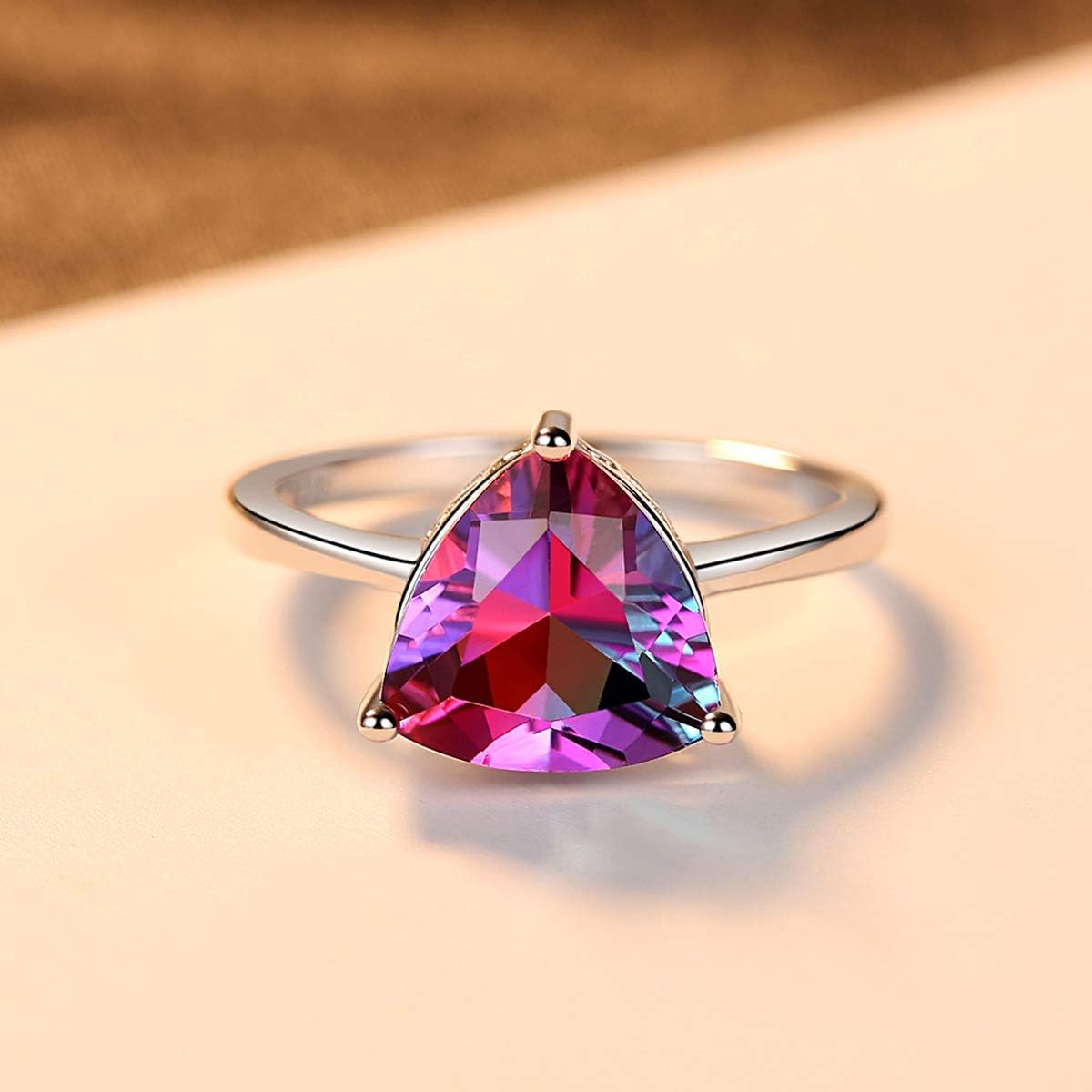 925 Sterling Silver Simulated Rainbow Topaz Ring for Women, Triangle Trilliant Cut Nano Blue Purple Gemstone Solitaire Eternity Engagement Band Costume Jewelry with Gift Box