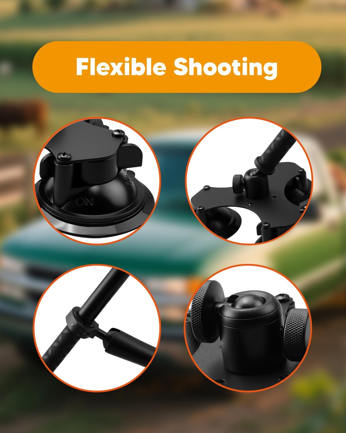 Suction Car Mount Compatible with Insta360 x5 x4 x3 x2 x One RS R GoPro Max, 5 Suction Cup Camera Mount with 45In Lockable Selfie Stick for 360° Action Vlogging